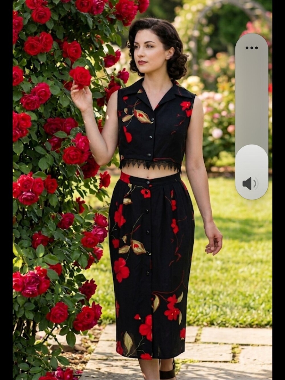 2 piece black floral crop top & skirt sz 10 from vtg dress upcycled